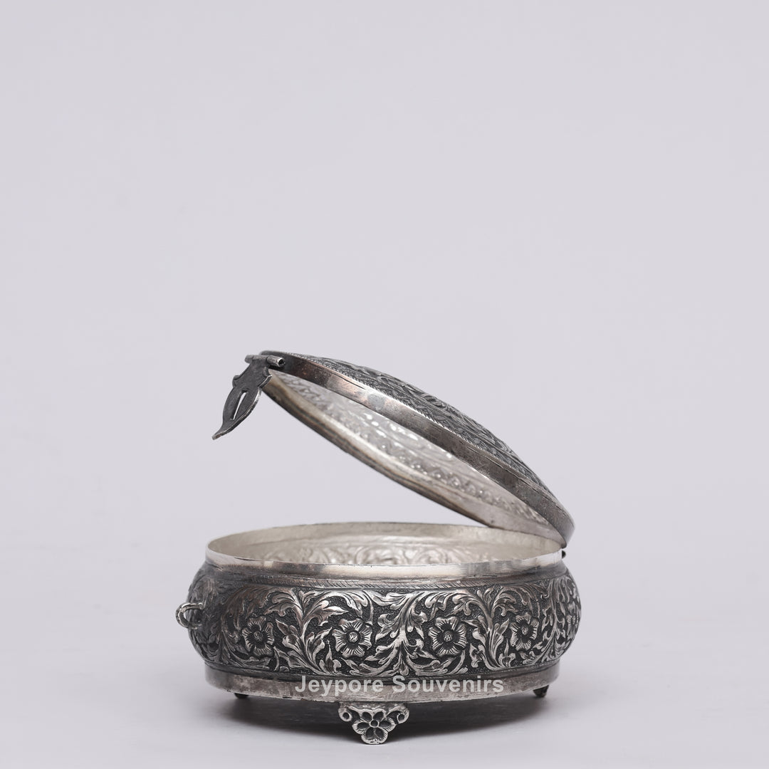 Handcrafted German Silver Oval Jewelry Box with Floral Engraving