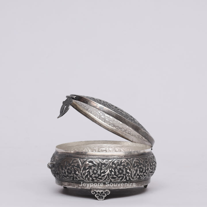 Handcrafted German Silver Oval Jewelry Box with Floral Engraving