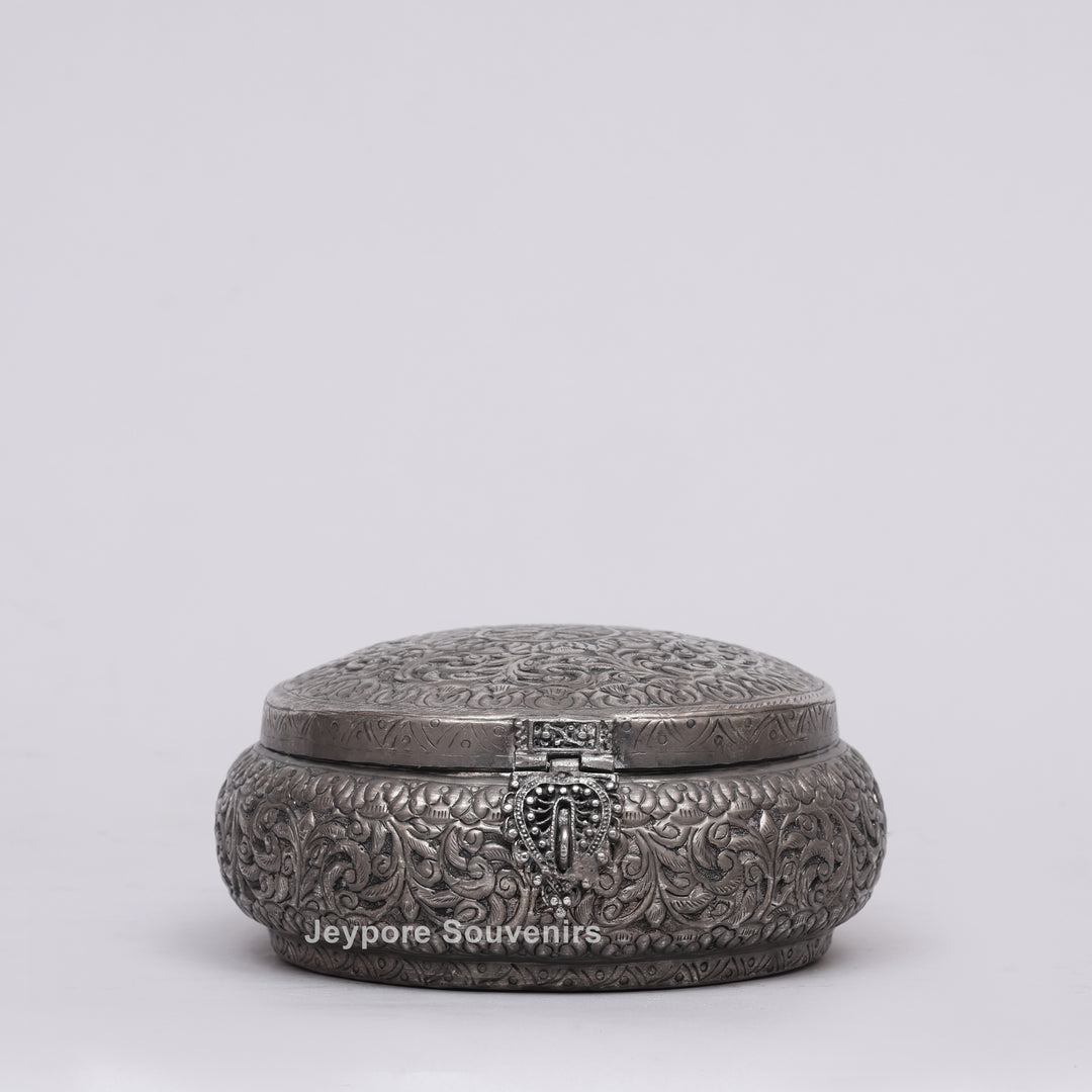 Handcrafted Antique Silver Floral Decorative Round Storage Box