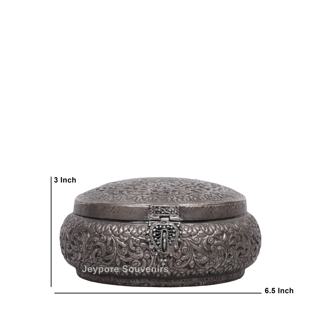 Handcrafted Antique Silver Floral Decorative Round Storage Box