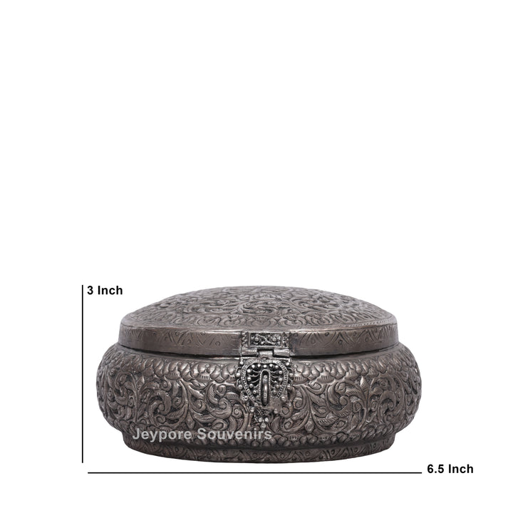 Handcrafted Antique Silver Floral Decorative Round Storage Box