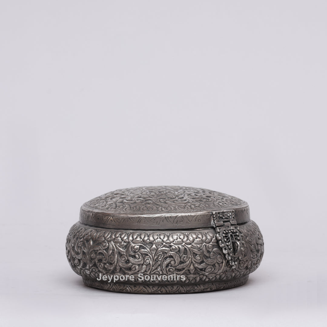 Handcrafted Antique Silver Floral Decorative Round Storage Box