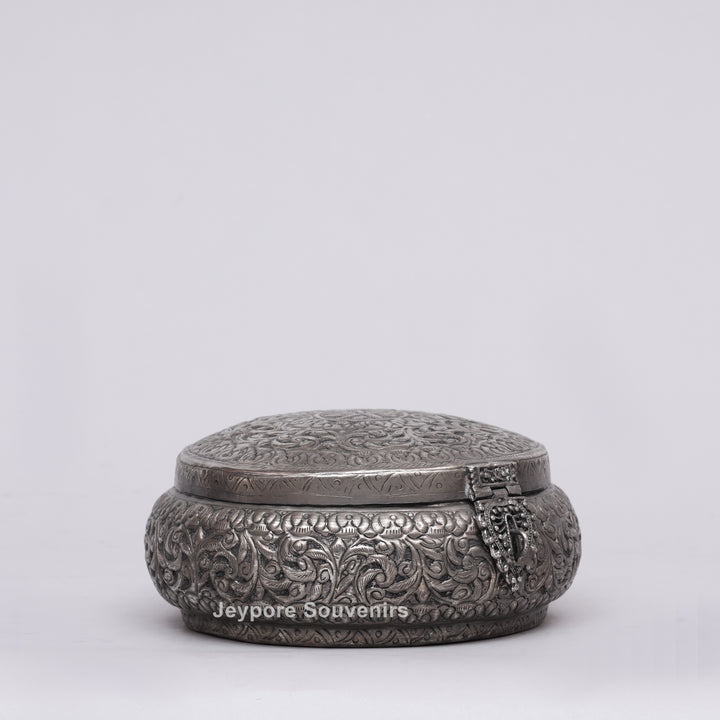 Handcrafted Antique Silver Floral Decorative Round Storage Box