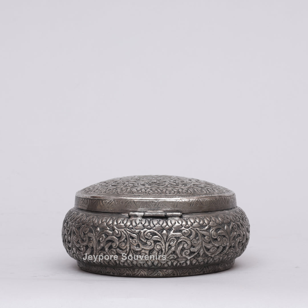Handcrafted Antique Silver Floral Decorative Round Storage Box