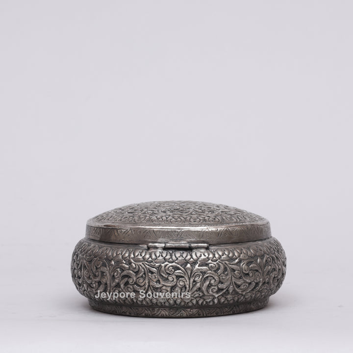 Handcrafted Antique Silver Floral Decorative Round Storage Box