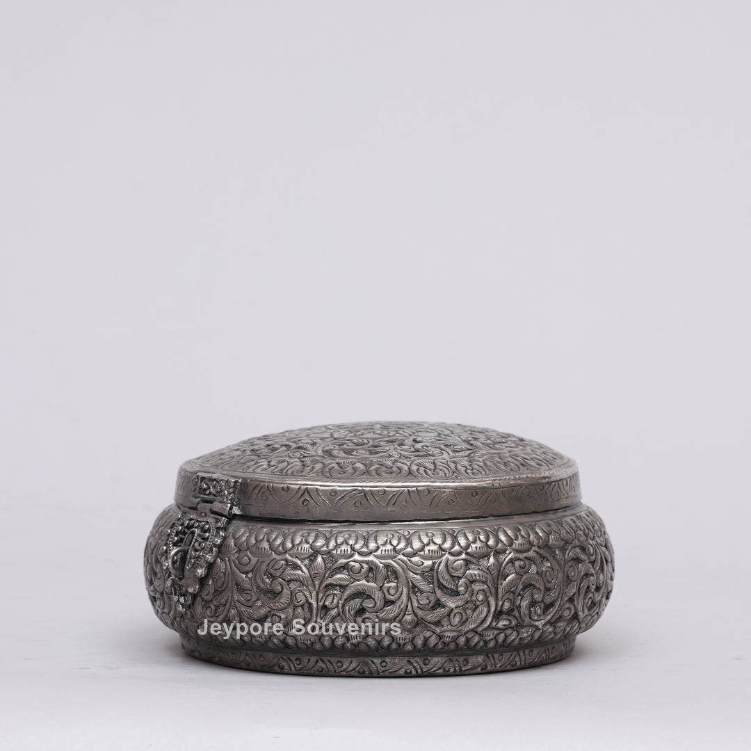 Handcrafted Antique Silver Floral Decorative Round Storage Box