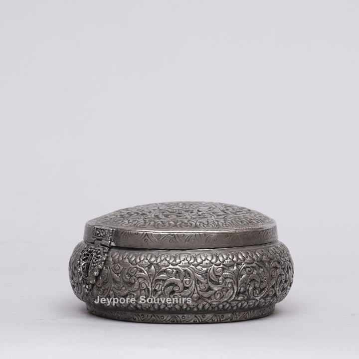 Handcrafted Antique Silver Floral Decorative Round Storage Box