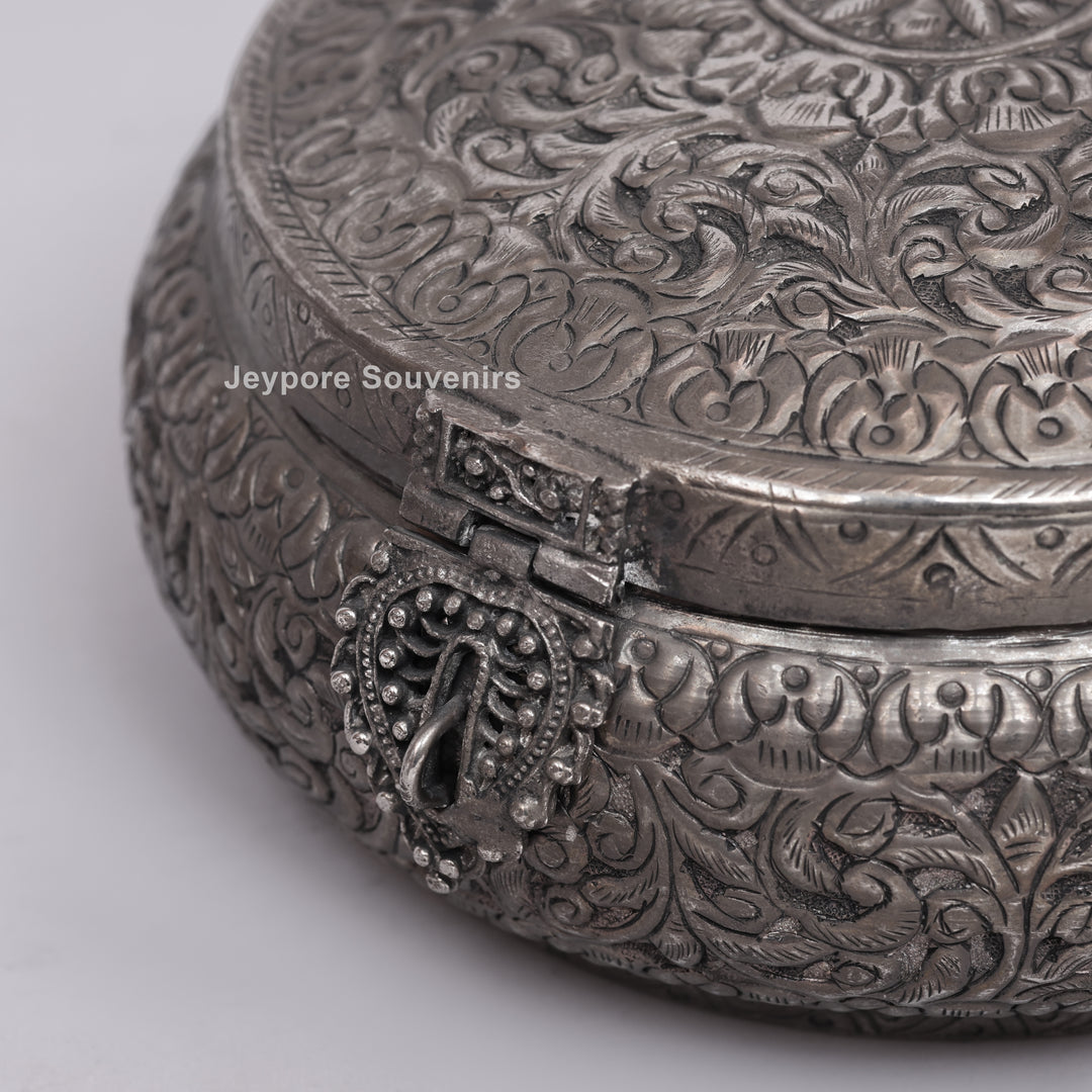 Handcrafted Antique Silver Floral Decorative Round Storage Box