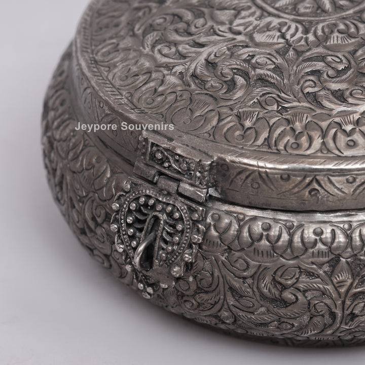 Handcrafted Antique Silver Floral Decorative Round Storage Box