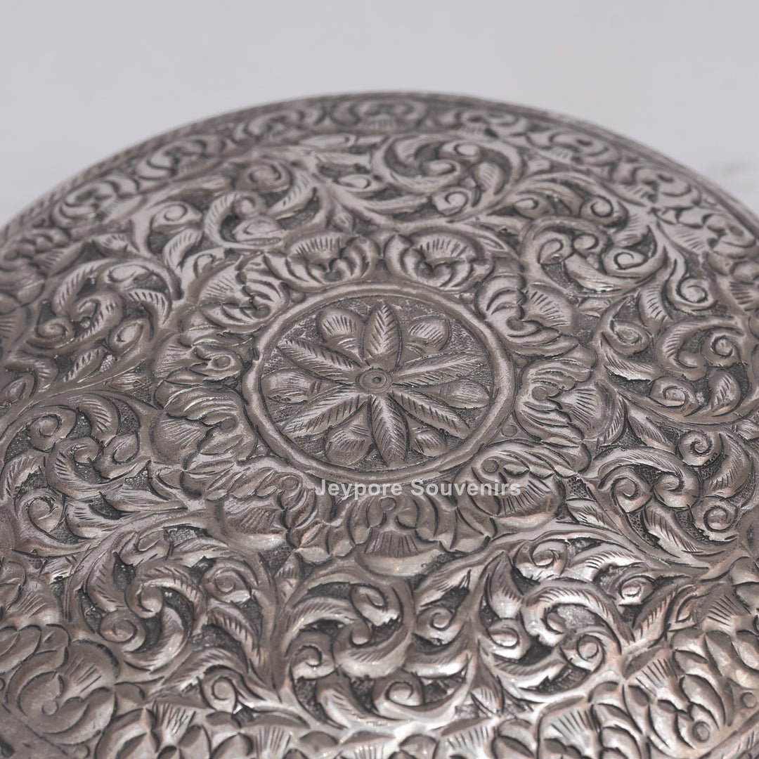 Handcrafted Antique Silver Floral Decorative Round Storage Box