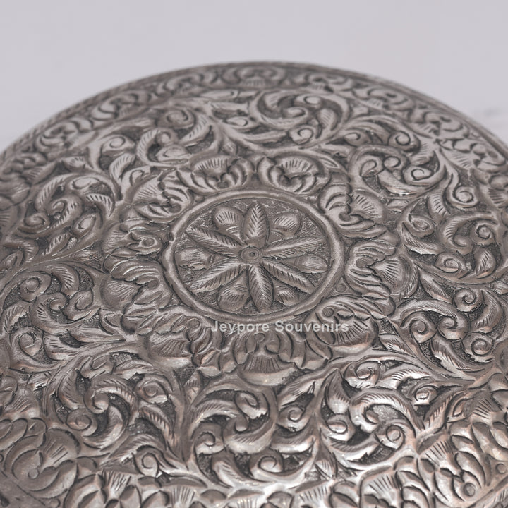 Handcrafted Antique Silver Floral Decorative Round Storage Box