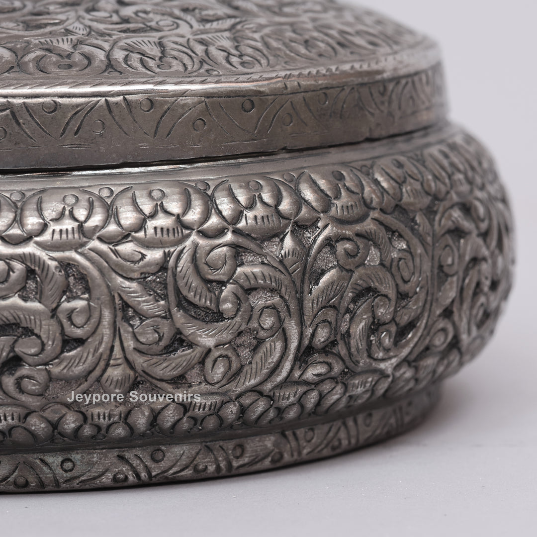 Handcrafted Antique Silver Floral Decorative Round Storage Box