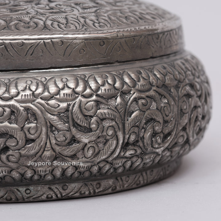 Handcrafted Antique Silver Floral Decorative Round Storage Box