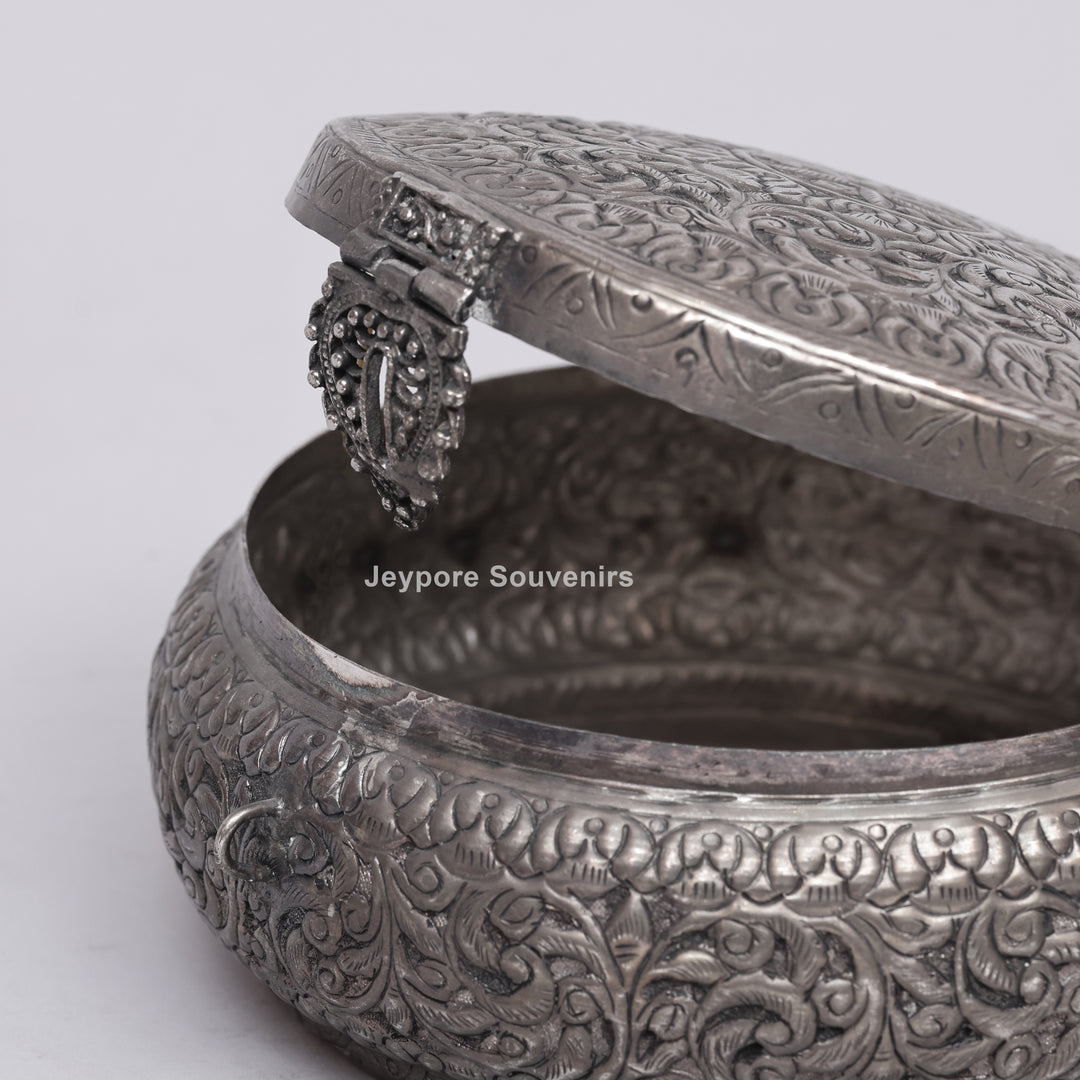Handcrafted Antique Silver Floral Decorative Round Storage Box