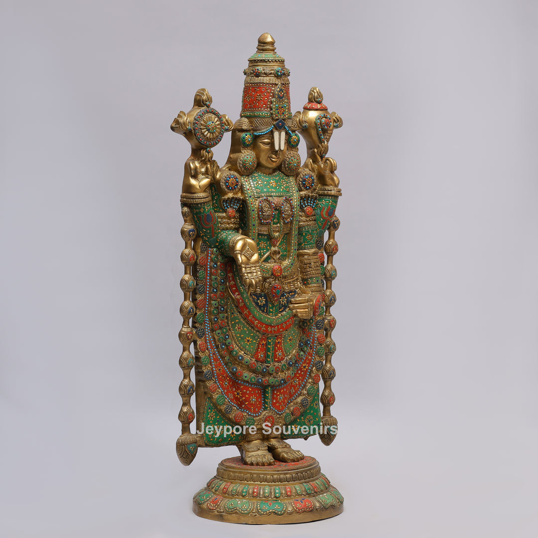 Handcrafted Brass Tirupati Balaji Statue with Multicolor Meenakari &amp; Stone Inlay