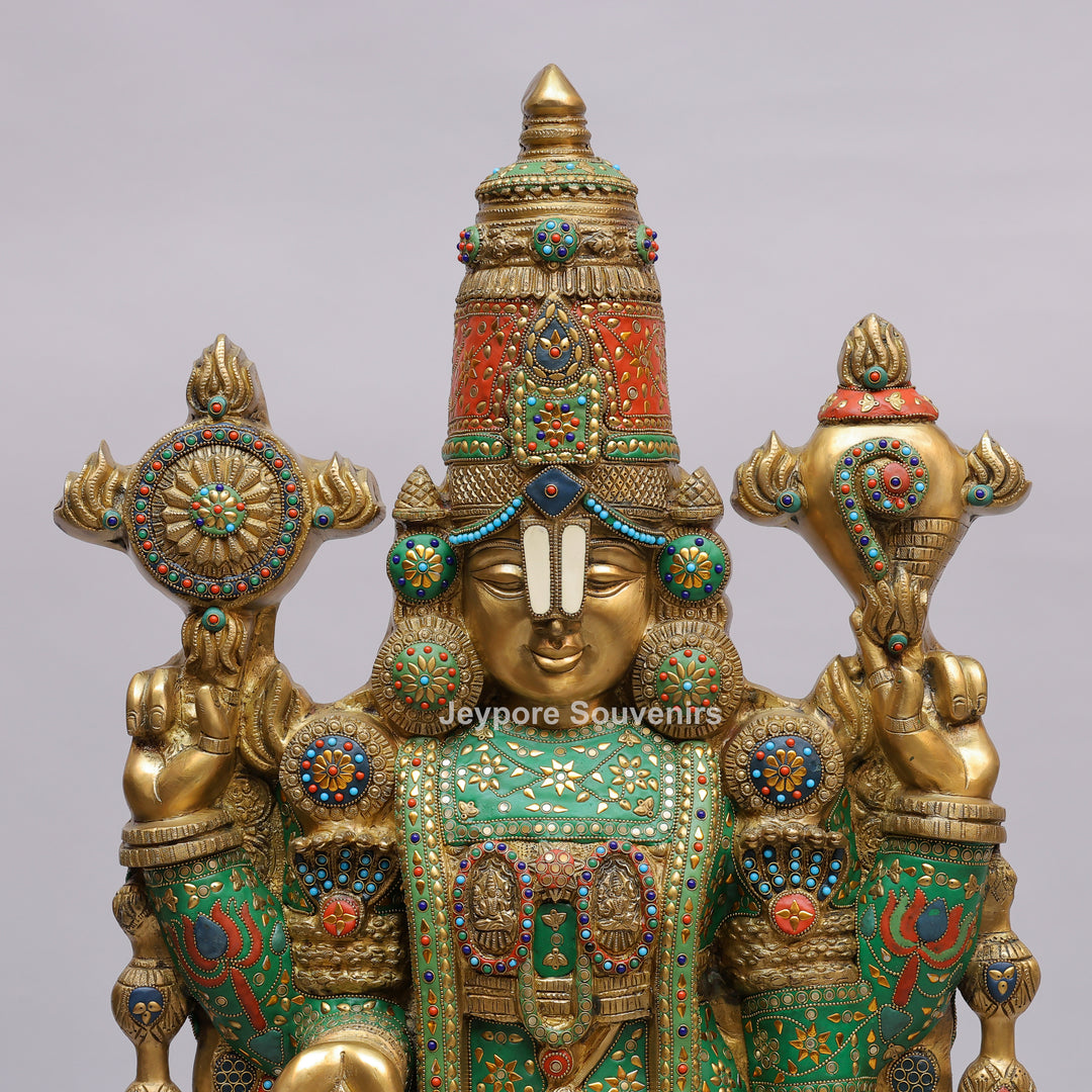 Handcrafted Brass Tirupati Balaji Statue with Multicolor Meenakari &amp; Stone Inlay
