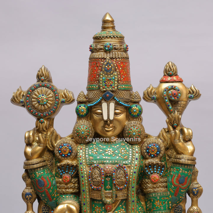 Handcrafted Brass Tirupati Balaji Statue with Multicolor Meenakari &amp; Stone Inlay