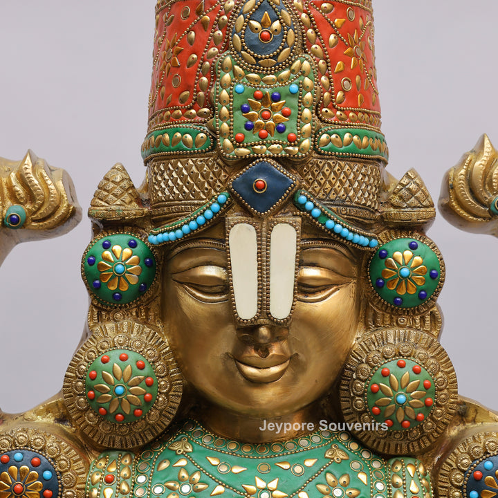 Handcrafted Brass Tirupati Balaji Statue with Multicolor Meenakari &amp; Stone Inlay