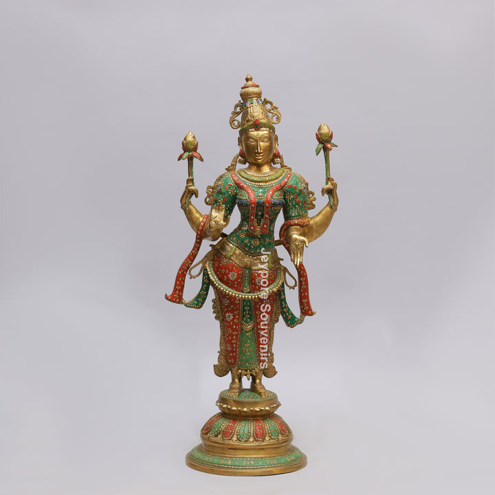 Handcrafted Brass Goddess Lakshmi Statue with Turquoise &amp; Red Inlay