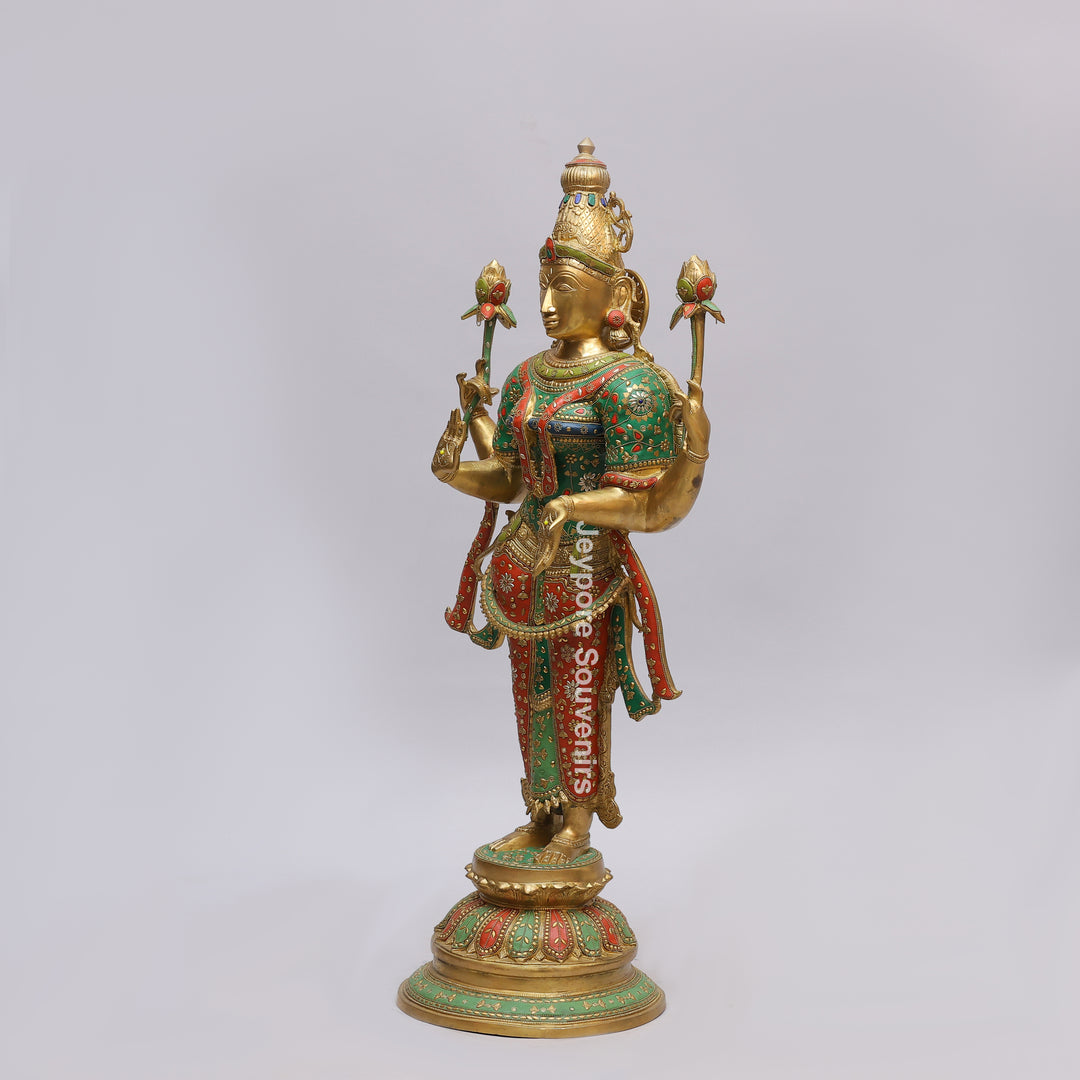 Handcrafted Brass Goddess Lakshmi Statue with Turquoise &amp; Red Inlay