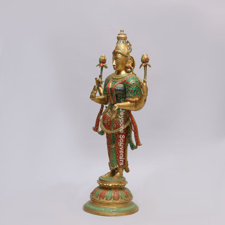 Handcrafted Brass Goddess Lakshmi Statue with Turquoise &amp; Red Inlay