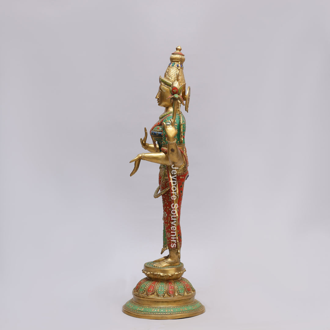 Handcrafted Brass Goddess Lakshmi Statue with Turquoise &amp; Red Inlay