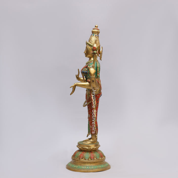 Handcrafted Brass Goddess Lakshmi Statue with Turquoise &amp; Red Inlay