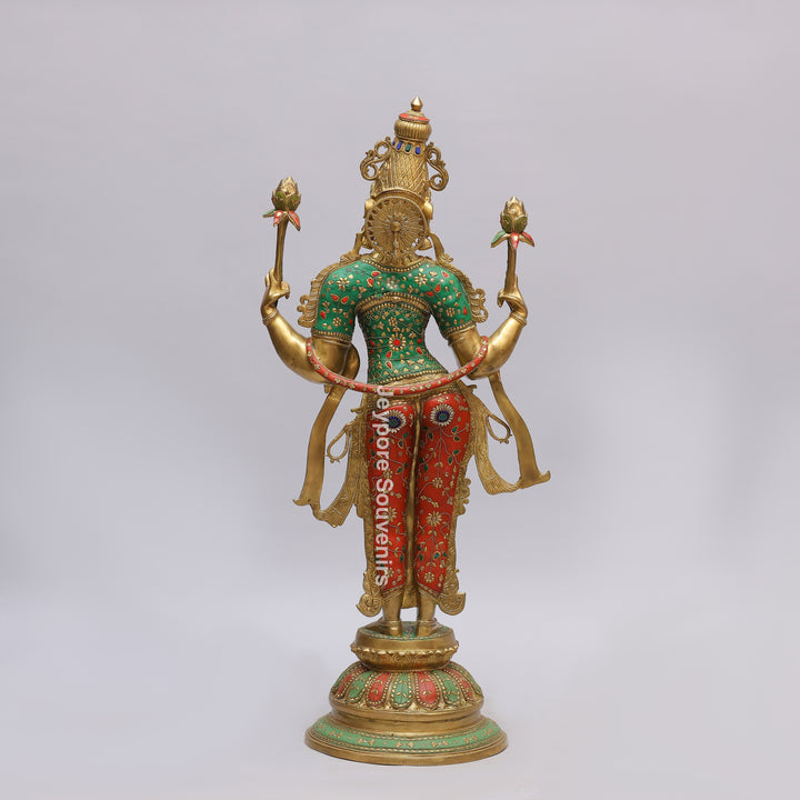 Handcrafted Brass Goddess Lakshmi Statue with Turquoise &amp; Red Inlay