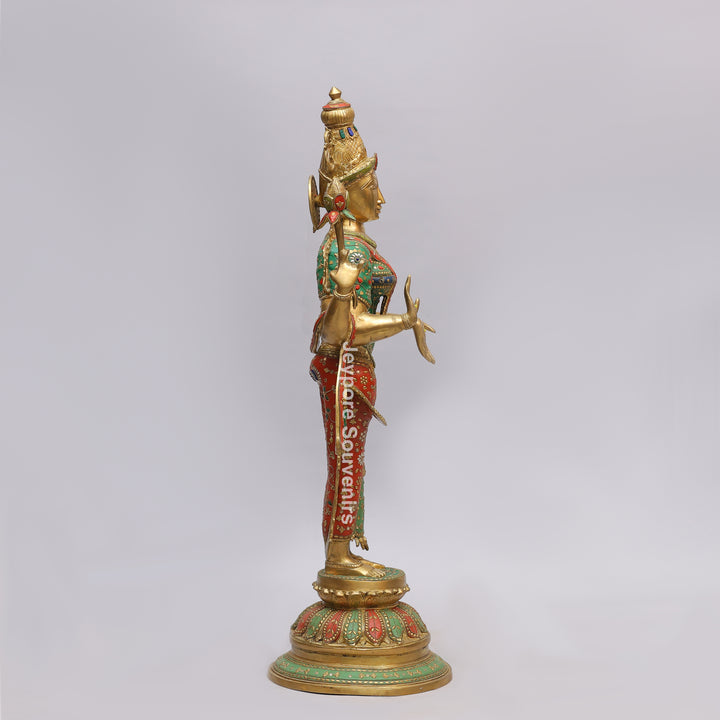 Handcrafted Brass Goddess Lakshmi Statue with Turquoise &amp; Red Inlay