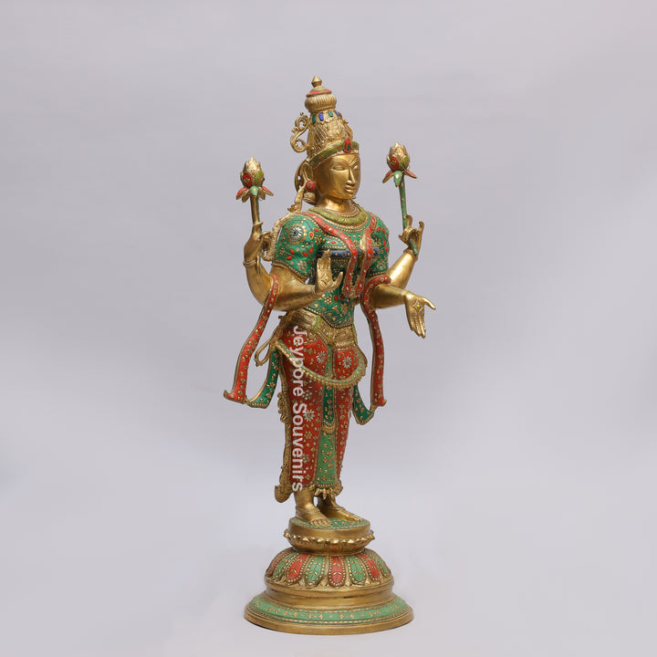 Handcrafted Brass Goddess Lakshmi Statue with Turquoise &amp; Red Inlay