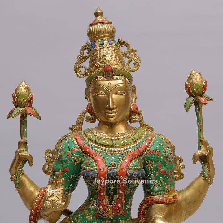 Handcrafted Brass Goddess Lakshmi Statue with Turquoise &amp; Red Inlay