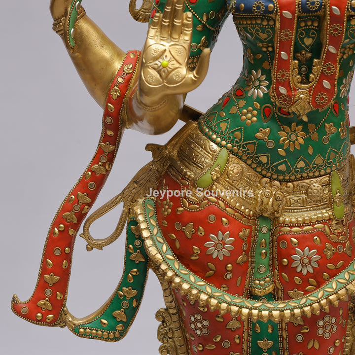 Handcrafted Brass Goddess Lakshmi Statue with Turquoise &amp; Red Inlay