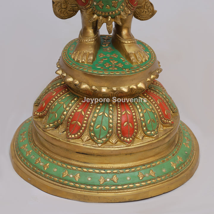Handcrafted Brass Goddess Lakshmi Statue with Turquoise &amp; Red Inlay