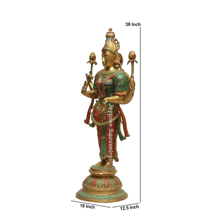 Handcrafted Brass Goddess Lakshmi Statue with Turquoise &amp; Red Inlay