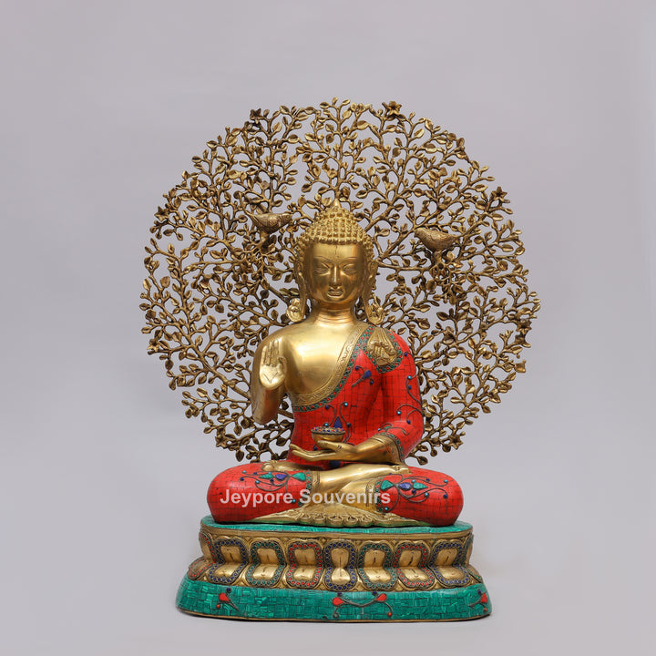 Handcrafted Brass Buddha Statue with Kalpavriksha Tree
