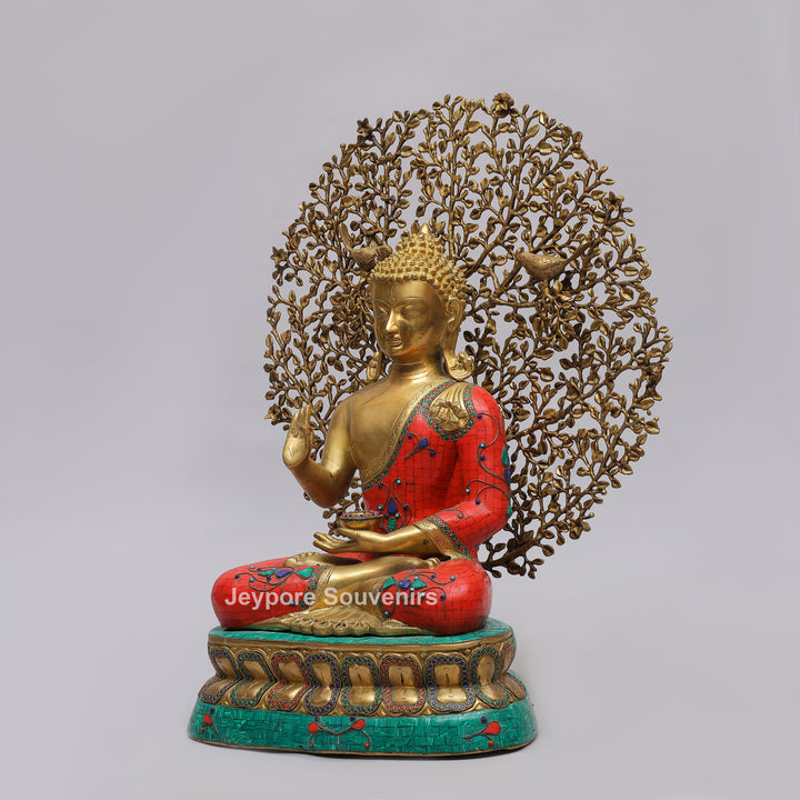 Handcrafted Brass Buddha Statue with Kalpavriksha Tree