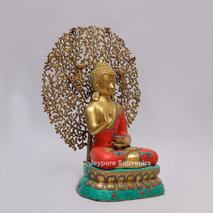 Handcrafted Brass Buddha Statue with Kalpavriksha Tree