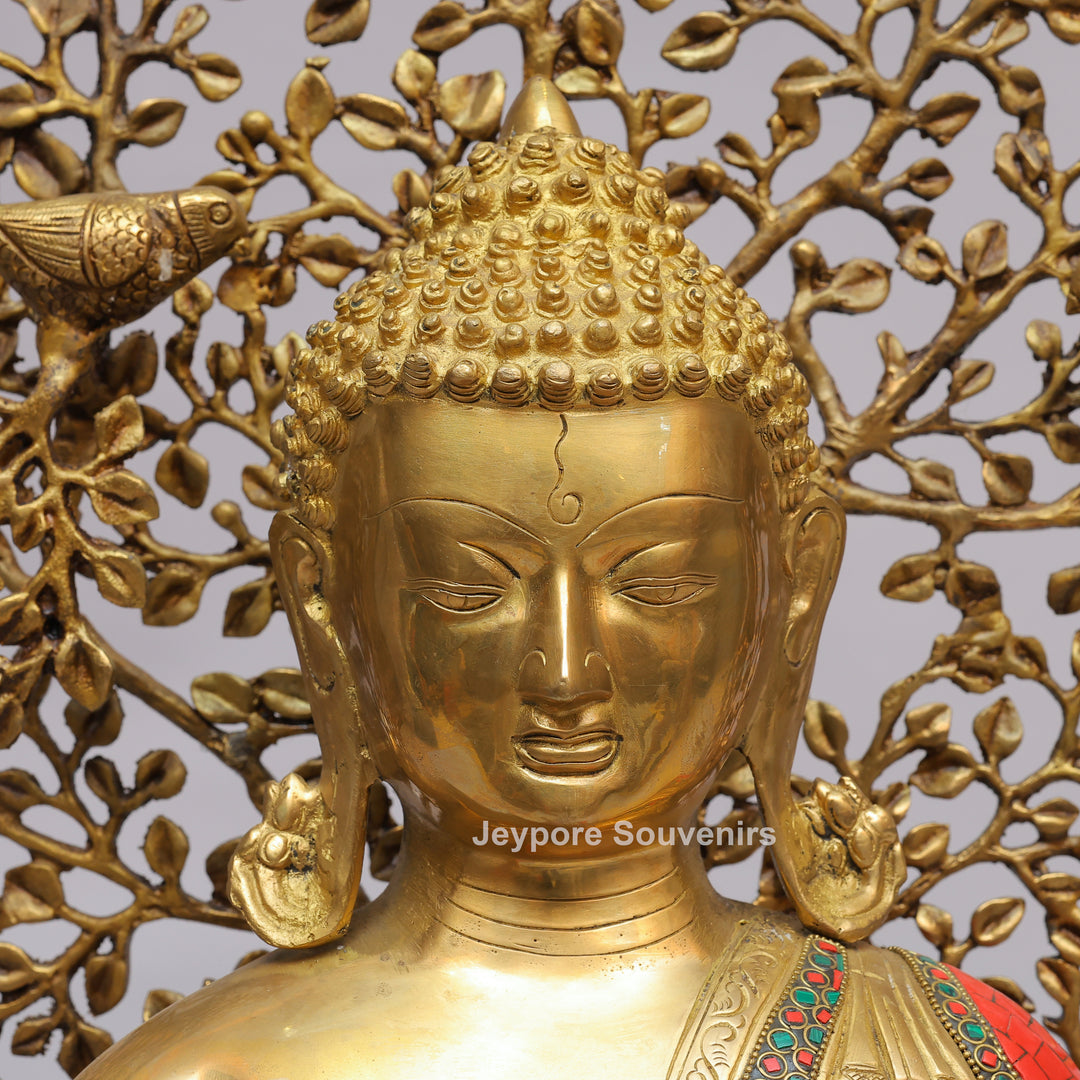 Handcrafted Brass Buddha Statue with Kalpavriksha Tree