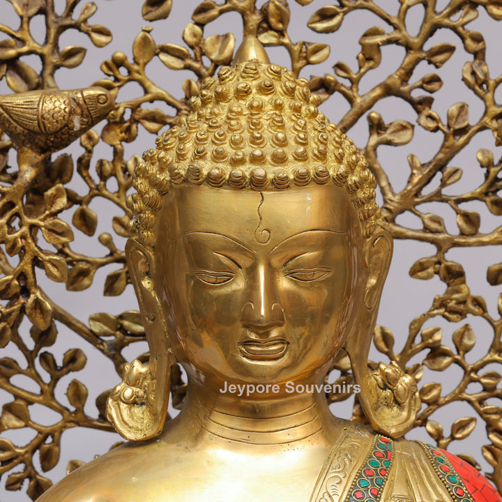 Handcrafted Brass Buddha Statue with Kalpavriksha Tree