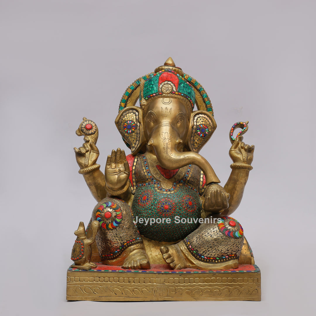 Handcrafted Brass Lord Ganesha Statue with Turquoise &amp; Red Mosaic Inlay