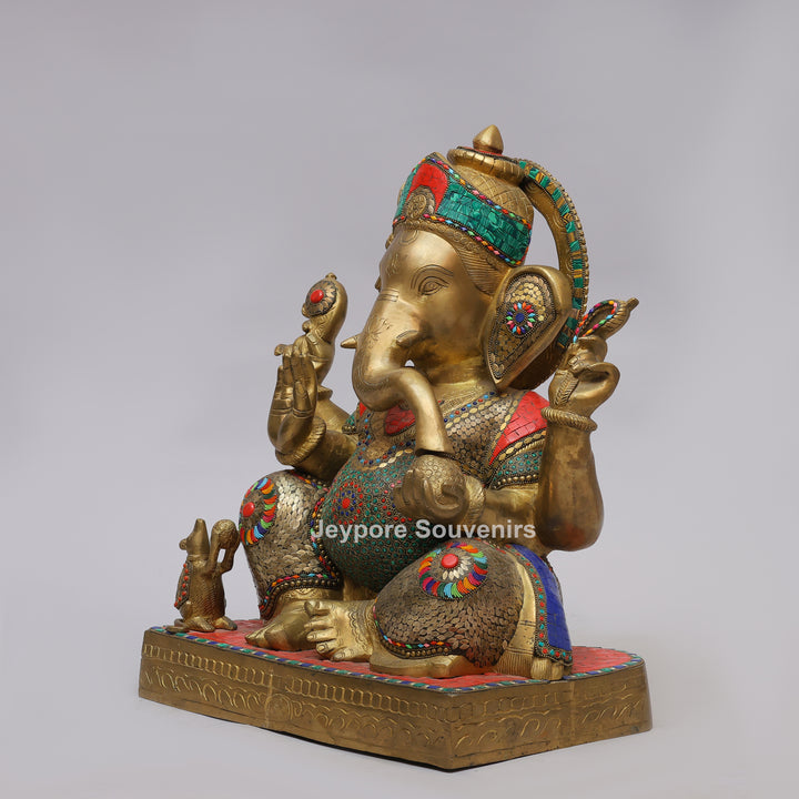 Handcrafted Brass Lord Ganesha Statue with Turquoise &amp; Red Mosaic Inlay
