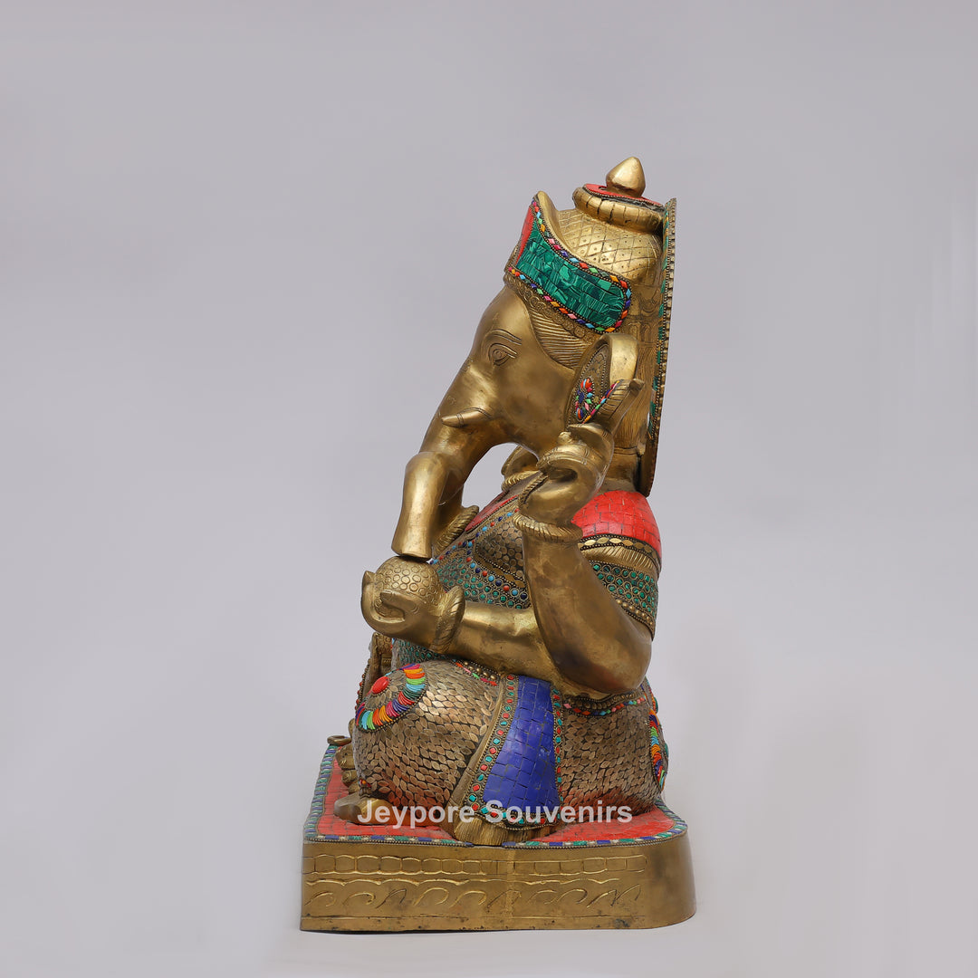 Handcrafted Brass Lord Ganesha Statue with Turquoise &amp; Red Mosaic Inlay