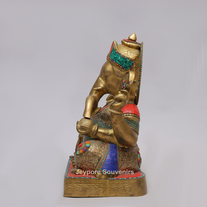 Handcrafted Brass Lord Ganesha Statue with Turquoise &amp; Red Mosaic Inlay
