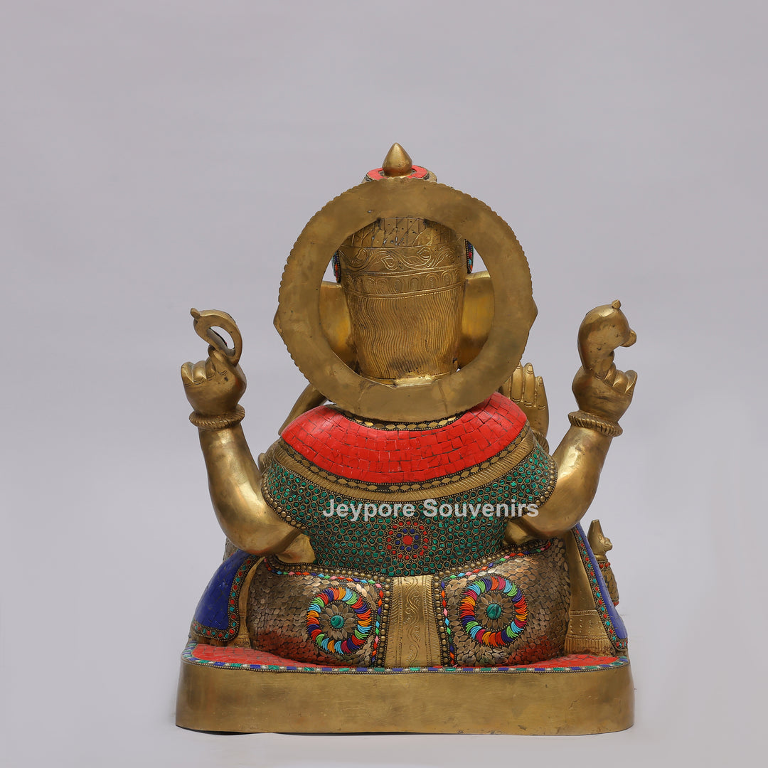 Handcrafted Brass Lord Ganesha Statue with Turquoise &amp; Red Mosaic Inlay
