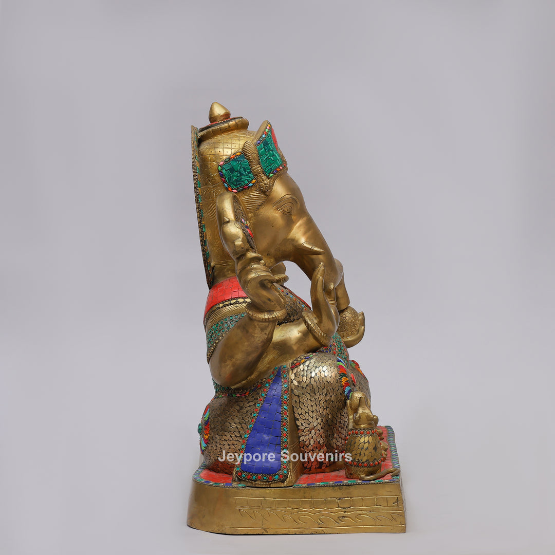 Handcrafted Brass Lord Ganesha Statue with Turquoise &amp; Red Mosaic Inlay