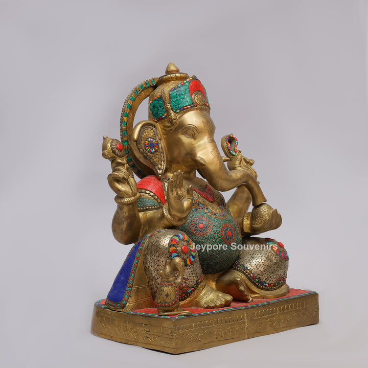 Handcrafted Brass Lord Ganesha Statue with Turquoise &amp; Red Mosaic Inlay
