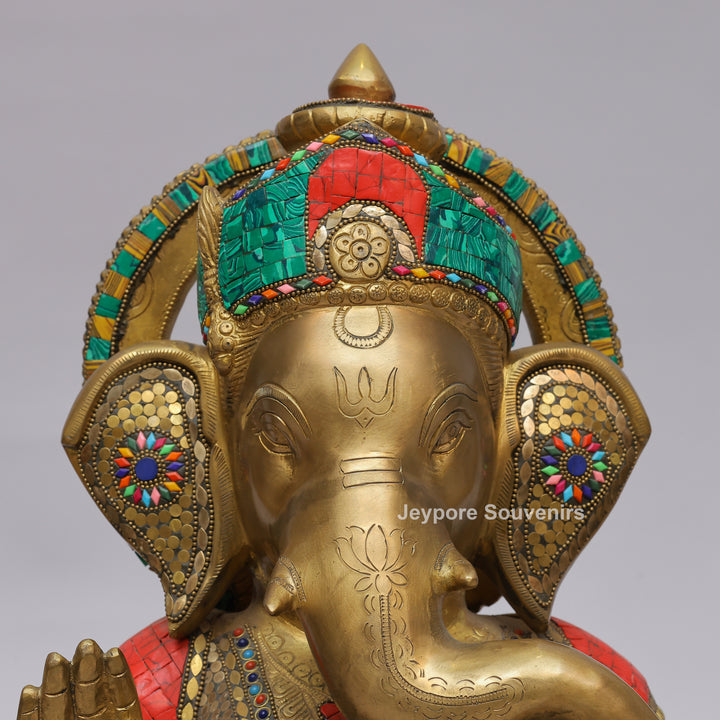Handcrafted Brass Lord Ganesha Statue with Turquoise &amp; Red Mosaic Inlay