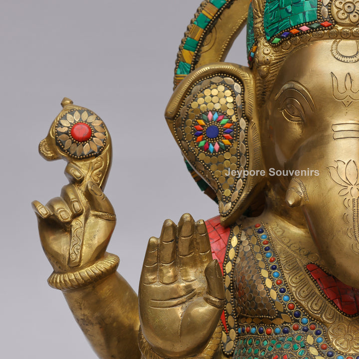 Handcrafted Brass Lord Ganesha Statue with Turquoise &amp; Red Mosaic Inlay