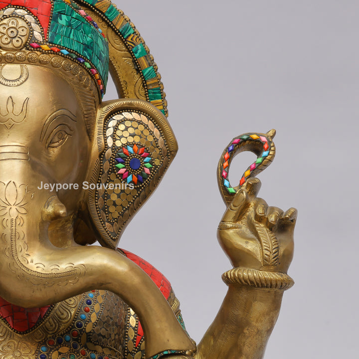 Handcrafted Brass Lord Ganesha Statue with Turquoise &amp; Red Mosaic Inlay