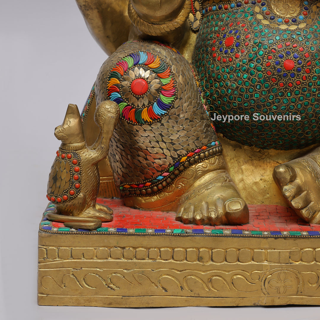 Handcrafted Brass Lord Ganesha Statue with Turquoise &amp; Red Mosaic Inlay